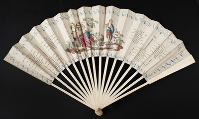 Lot 370 - Le Badinage, a late 18th century French fan, with hand-coloured engraved scene and printed verses