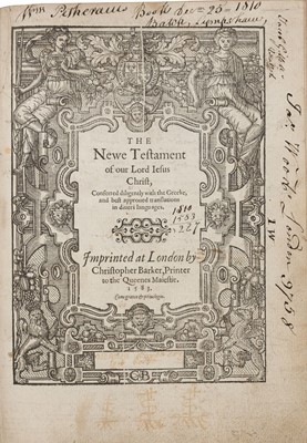 Lot 239 - Bible [English]. [The Bible. Translated according to the Ebrew and Greeke...], 1583
