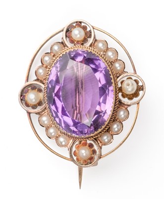 Lot 443 - Brooch. A Victorian yellow metal amethyst and pearl brooch