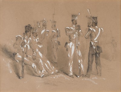 Lot 128 - English School. Sepoys, circa 1846, pencil highlighted with body colour