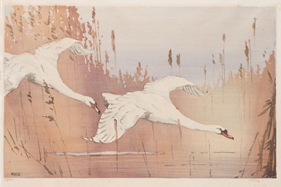 Lot 274 - Seaby (Allen William, 1867-1953). Two Swans Descending, 1927, colour woodcut