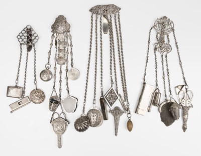 Lot 387 - Chatelaine. An Edwardian silver chatelaine, Samuel Jacob, London, 1903, & others