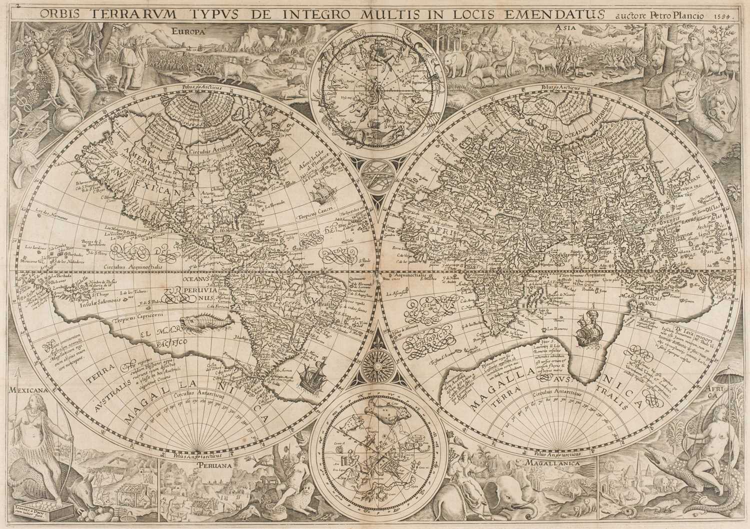 Lot 159 - World. Plancius (Petrus). Orbis Terrarum Typus de Integro Multis in Locis Emendatus..., 1594 - 99