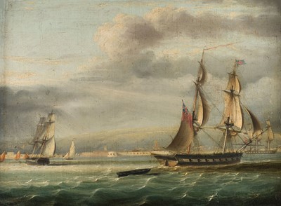 Lot 108 - English School. A Royal Navy brig heading into Portsmouth, circa 1810, oil on canvas