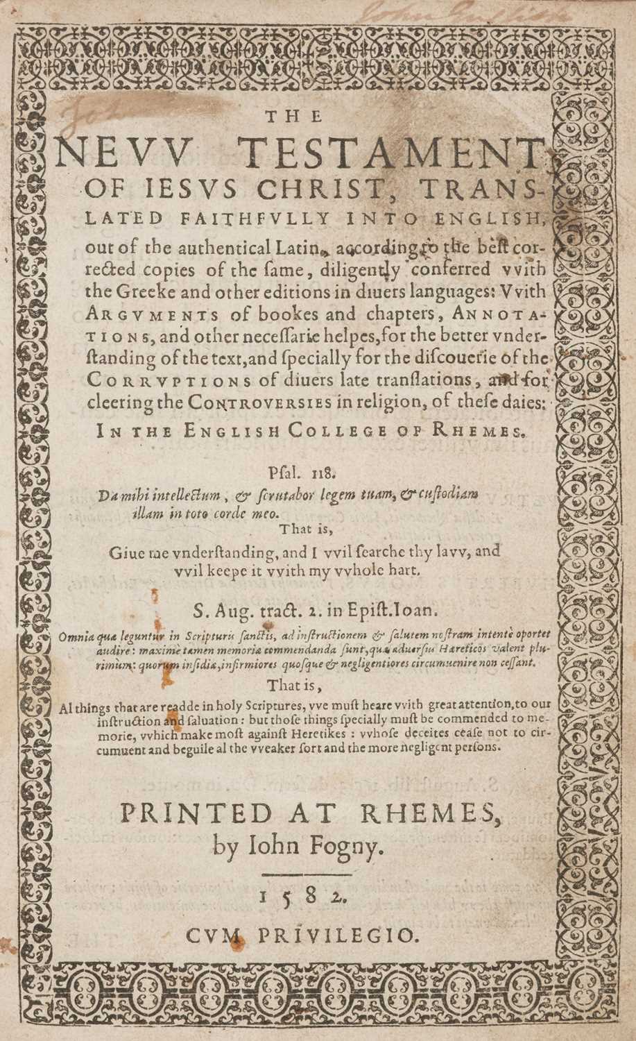 Lot 238 - Douay-Rheims Bible. The New Testament of Jesus Christ, & The Holie Bible, 1582/1609/1610