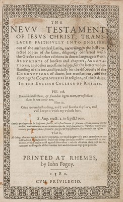 Lot 238 - Douay-Rheims Bible. The New Testament of Jesus Christ, & The Holie Bible, 1582/1609/1610