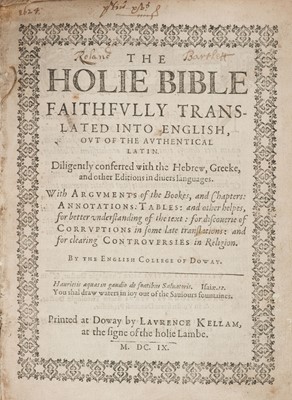 Lot 238 - Douay-Rheims Bible. The New Testament of Jesus Christ, & The Holie Bible, 1582/1609/1610