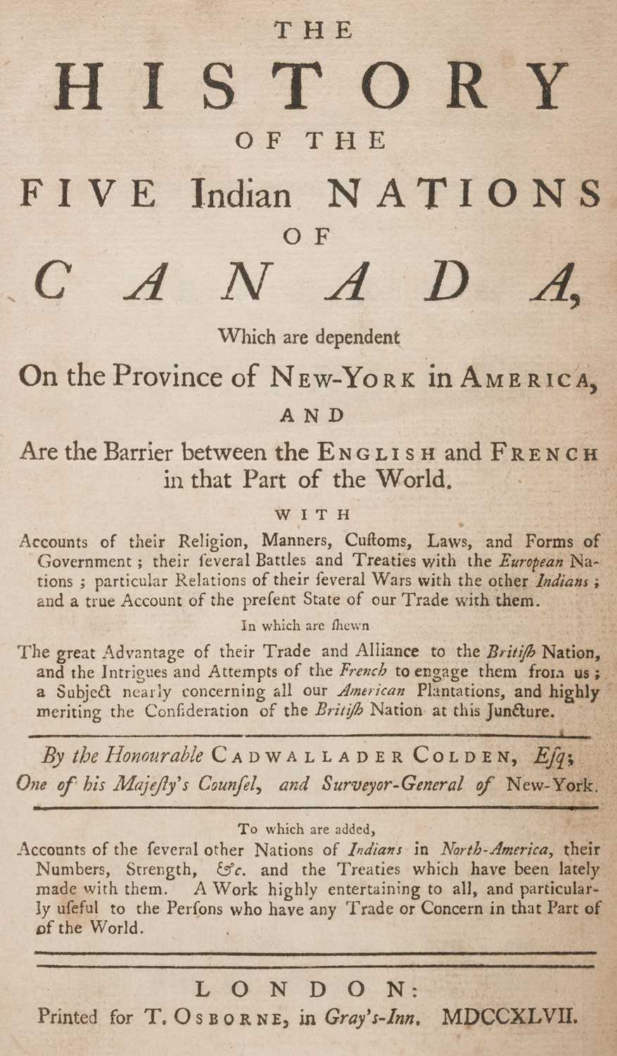 Lot 11 - Colden (Cadwallader). The History of the Five Indian Nations of Canada, 1st English edition, 1747