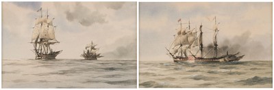 Lot 136 - English School. Généreux and H.M.S. Leander, 19th century, pen, ink and watercolour