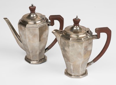 Lot 415 - Silver Cafe Au Lait Set. A George V two part silver Cafe Au Lait set, probably by Mappin & Webb (hallmarks rubbed), Birmingham, 1934