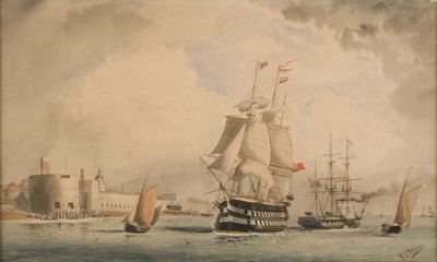 Lot 144 - Atkins (William Edward, 1842-1910). Man O'War ships anchored off Portsmouth Docks