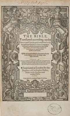 Lot 241 - Bible [English]. The Bible. Translated according to the Ebrew and Greeke..., 1589