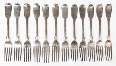 Lot 404 - Forks. A collection of 12 silver dessert forks, including 6 Victorian forks by Chawner & Co (George William Adams), London, 1851