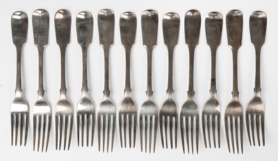 Lot 405 - Forks. A collection of 12 silver dinner forks, including 6 Victorian forks by William Theobalds & Robert Metcalfe Atkinson, London, 1838
