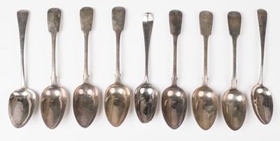 Lot 417 - Spoons. A collection of 9 silver serving spoons, including 5 Victorian spoons by William Theobalds & Robert Metcalfe Atkinson, London, 1838