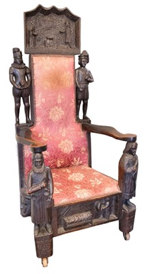 Lot 488 - Hall Chair. An interesting carved wood 'Shakespearean' hall chair, circa 1890