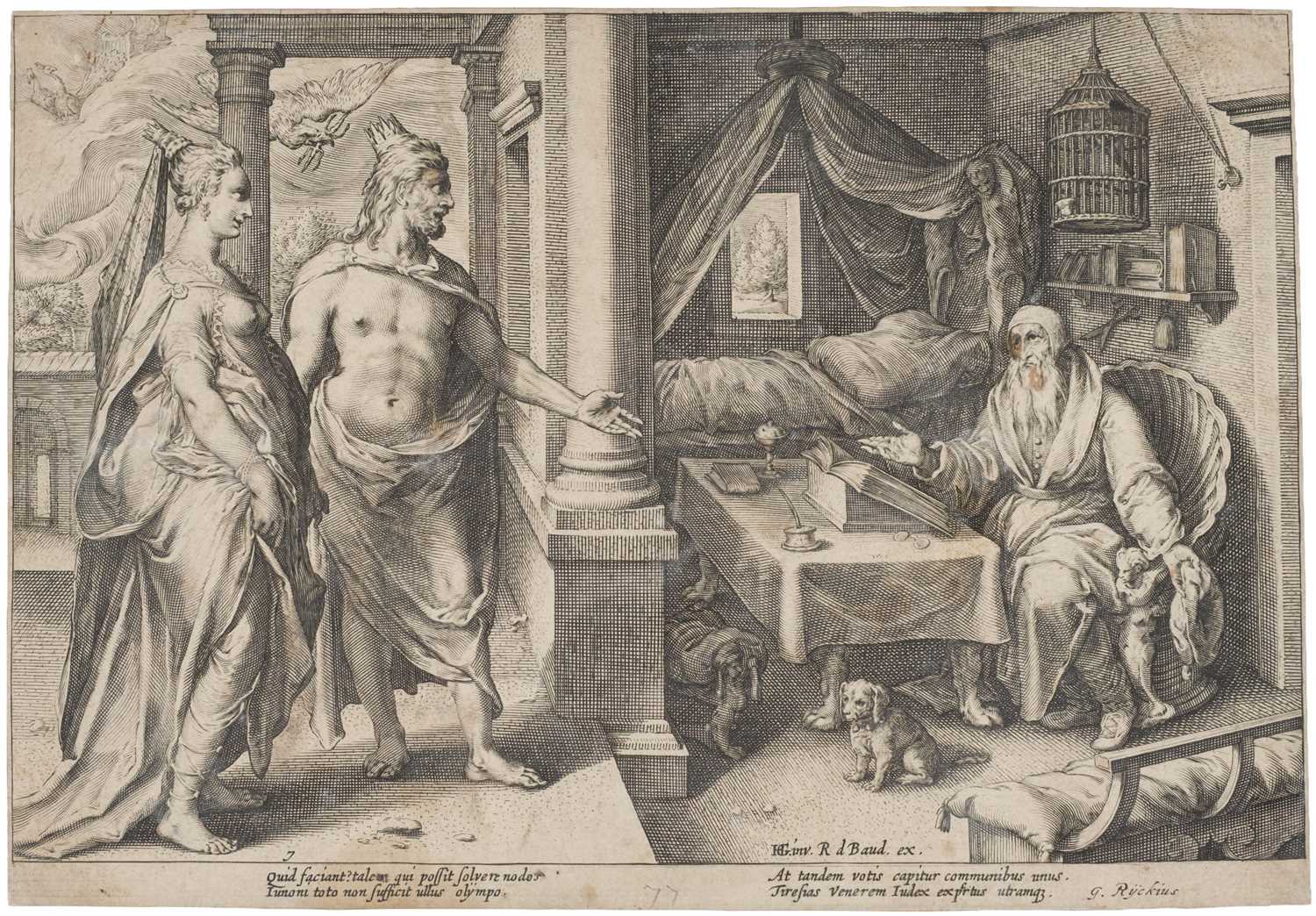 Lot 10 - Workshop of Hendrick Goltzius (1558-1617). Juno and Jupiter consulting Tiresias, circa 1615