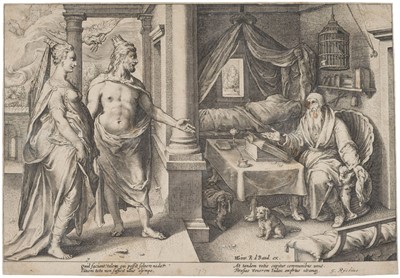 Lot 10 - Workshop of Hendrick Goltzius (1558-1617). Juno and Jupiter consulting Tiresias, circa 1615