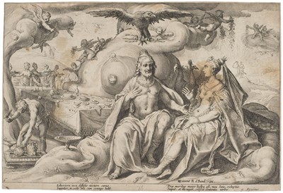Lot 10 - Workshop of Hendrick Goltzius (1558-1617). Juno and Jupiter consulting Tiresias, circa 1615