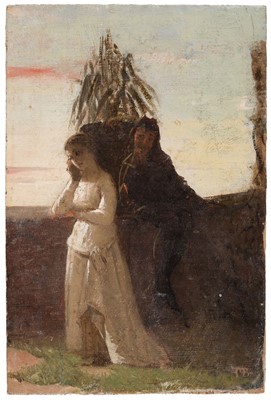 Lot 138 - Manner of Ford Madox Brown (1821-1893). Marguerite and Mephistopheles, oil on canvas