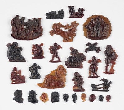 Lot 575 - Style of John Flaxman (1755-1826). Bas-reliefs for sprigging, 117 amber glass miniature bas-reliefs
