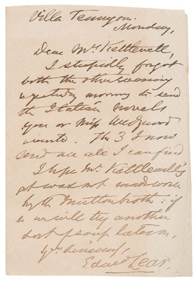 Lot 386 - Lear (Edward, 1812-1888). Autograph Letter Signed, Villa Tennyson, [Sanremo, Italy], [1880s]