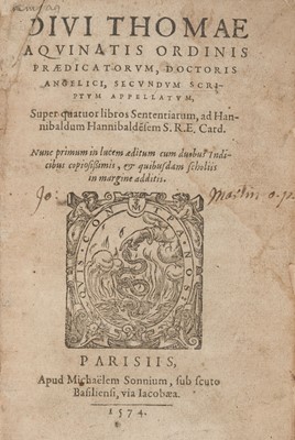 Lot 181 - Aquinas (Thomas). Secundum scriptum appellatum, super quatuor libros sententiarum, 1574