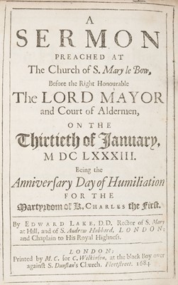 Lot 247 - Charles I. A volume of 22 sermons commemorating the death of King Charles I, 1684-1747