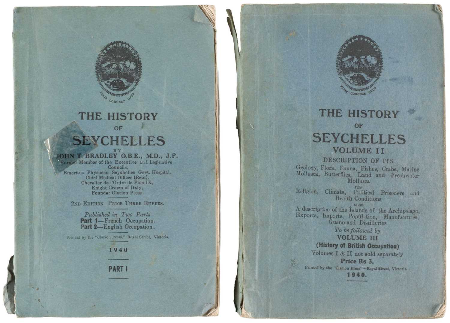 Lot 6 - Bradley (John T.). The History of Seychelles, 2 volumes, 2nd edition, Clarion Press, 1940