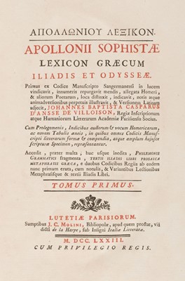 Lot 278 - Apollonius the Sophist. Lexicon Graecum Iliadis et Odysseae, 2 volumes in 1, Paris, 1773