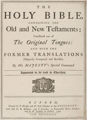 Lot 274 - Bible [English]. The Holy Bible, containing the Old and New Testaments, Oxford, 1769